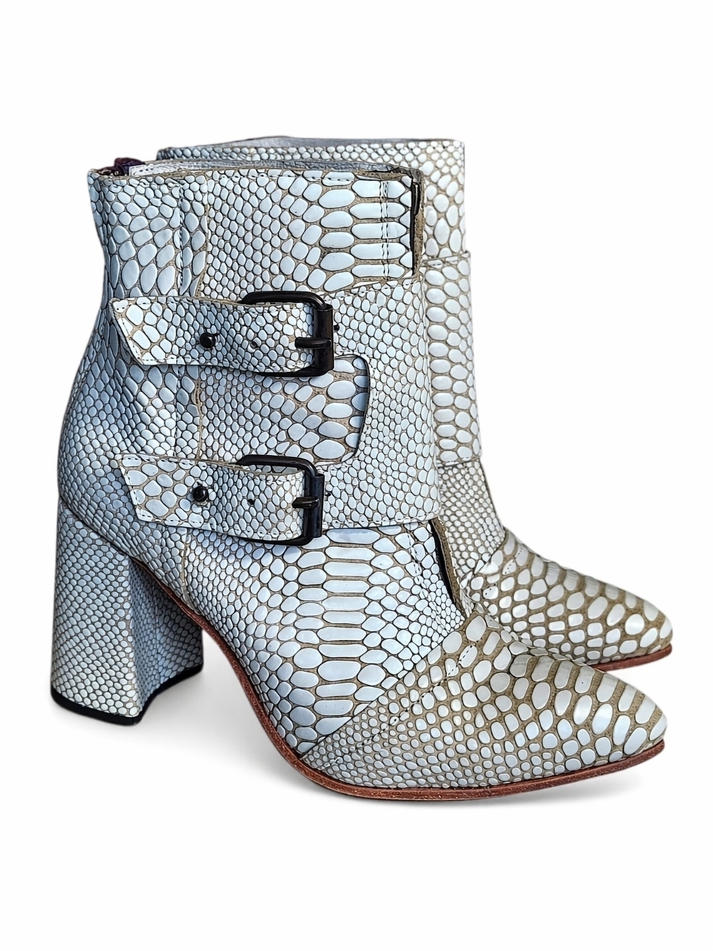 Freebird Joey Ivory Snakeskin Embossed Leather Buckle Ankle Boots Size 10